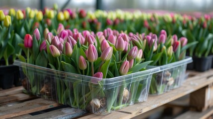 Different tulip varieties in a pot