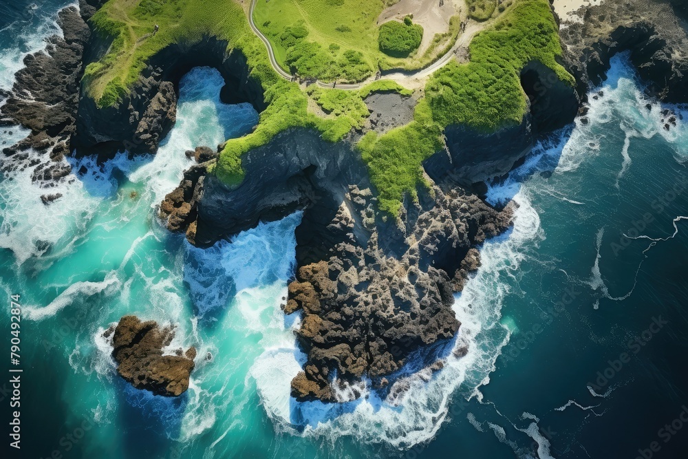 Poster a drone captures a sweeping view of an island surrounded by the vast ocean, showcasing its unique ge