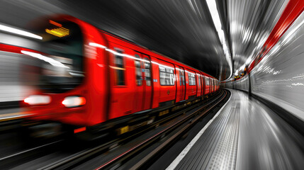 Obraz premium Speeding Red Tube Train Captured in Dynamic Motion Blur