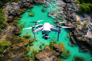 A massive white drone soaring above a vast body of water seen from a drones perspective. Generative AI - Powered by Adobe