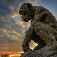 Fallen monkey hero in a war memorial, somber mood, twilight, low angle