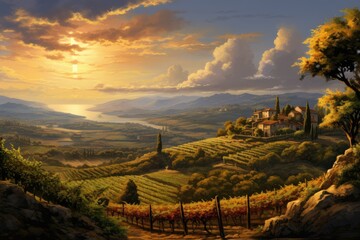 A painting depicting a vibrant sunset casting warm hues over a vineyard nestled among rolling...