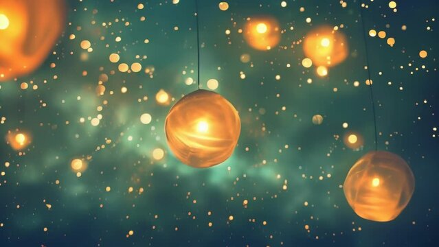 Numerous glowing orange spheres floating against a dark background, evoking a mysterious atmosphere reminiscent of planets suspended in outer space. 