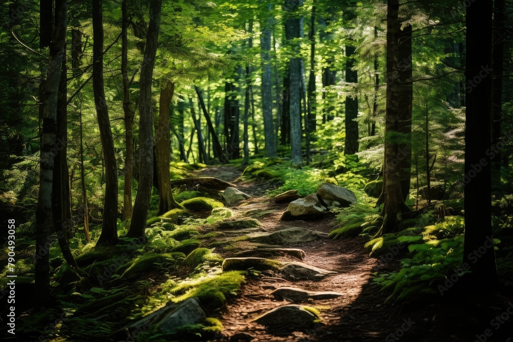 Poster a path cutting through a dense green forest surrounded by tall trees and lush foliage. generative ai