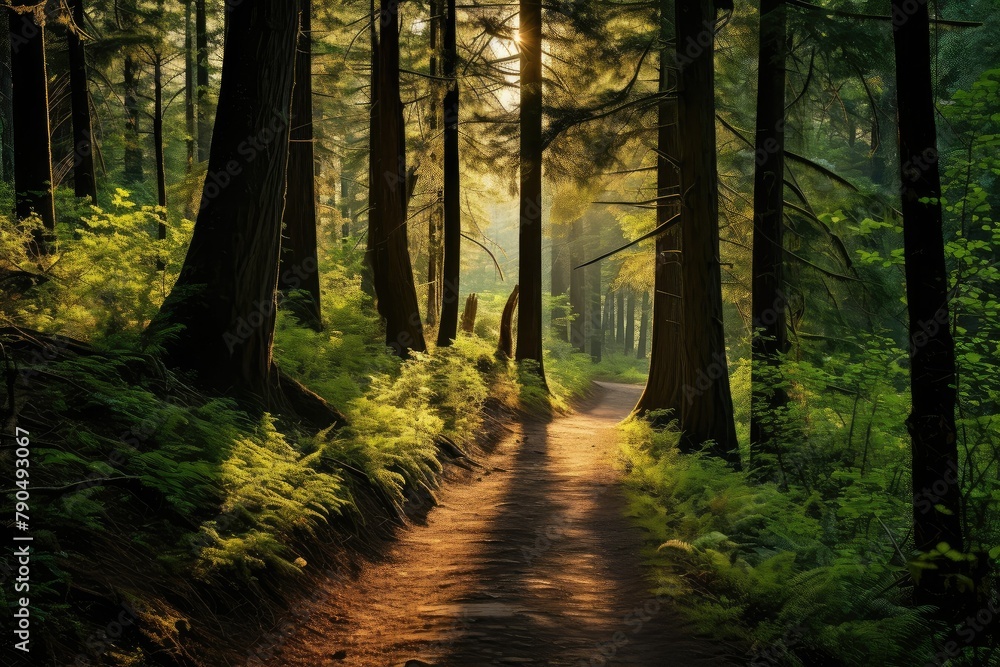Aufkleber a path winding through a dense forest of towering trees, creating a tunnel of greens and browns. gen