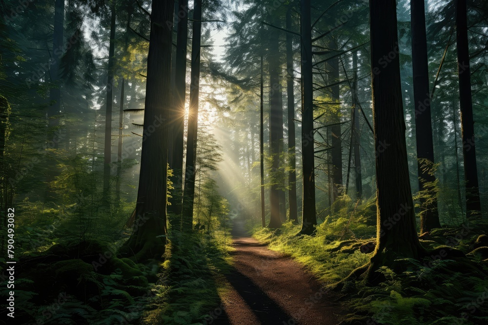 Poster a path winding through a green forest with sunlight filtering through the trees. generative ai