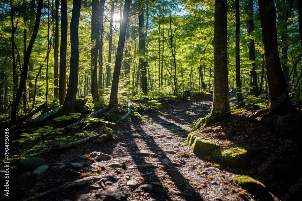 Aufkleber the suns rays filter through the lush green foliage of the forest, creating a dappled light effect o