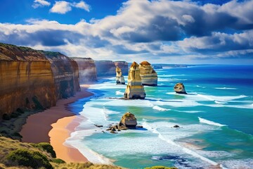 A view of the winding Great Ocean Road in Australia, stretching along the rugged coastline with the...