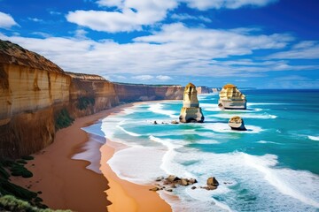 The image showcases the stunning beach and rugged cliffs along the iconic Great Ocean Road,...