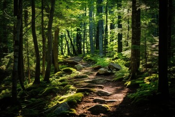 Obraz premium A path cutting through a dense green forest surrounded by tall trees and lush foliage. Generative AI