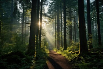 A path winding through a green forest with sunlight filtering through the trees. Generative AI