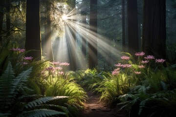 The sun shines through the green trees in the forest. Generative AI
