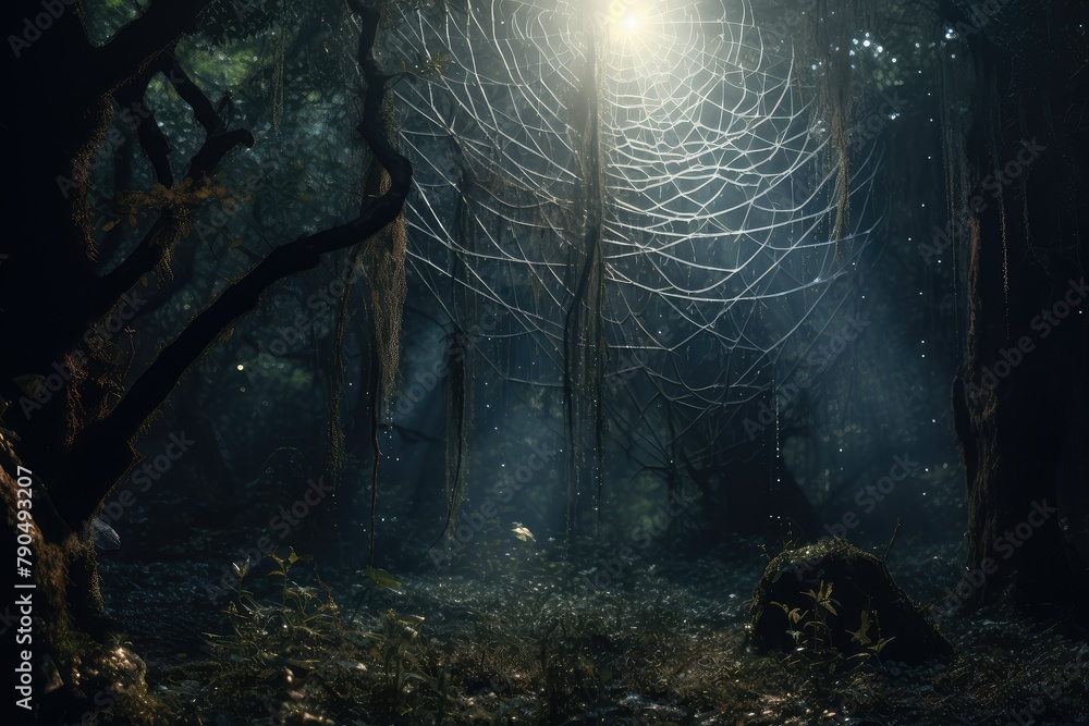 Aufkleber a bright light shines in the center of a dense forest at night, casting a glow on the surrounding tr