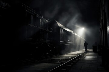 A person is standing on a train track at night in a mysterious setting. Generative AI