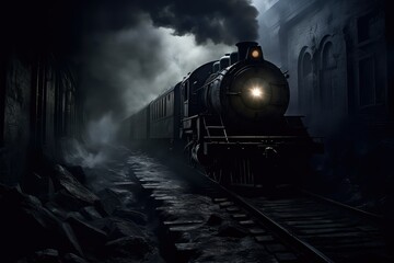 A train is seen traveling down train tracks next to a building on a dark night, creating a mysterious atmosphere. Generative AI