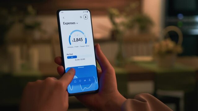 Woman checks her financial expenses using digital banking app. Budget and expense tracking application for mobile phone.