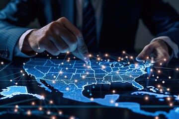 Digital Leader Choosing USA Map: American Global Network Concept