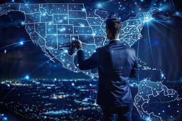 Digital Leader Choosing USA Map: American Global Network Concept