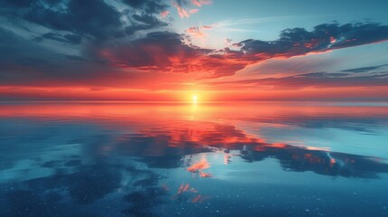 Sunset casting a warm glow on the sea with cloud reflections creating a mirrored symmetry Concept of ocean tranquility, the beauty of dusk, and reflective symmetry