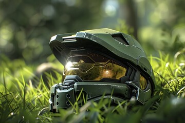 a close up of the master chief helmet laying on its side in grass, halo game landscape background