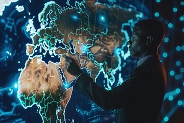 Digital Leader Choosing Africa  and Asia Map: American Global Network Concept Investing Concept