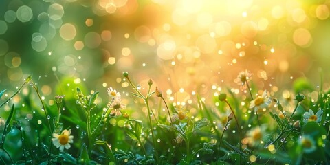 Fresh Blades of Grass With Morning Dew. Generative AI - obrazy, fototapety, plakaty