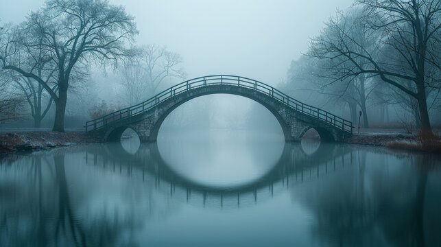 Misty morning in a tranquil park with an arched bridge reflected in still water, concept of peace and serenity in nature

