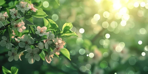 Tuinposter Branch of a Tree With White Flowers and Green Leaves. Generative AI © Lukasz Czajkowski