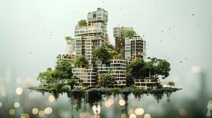Conceptual Eco-Skyscrapers with Verdant Gardens Overlooking a Reflective Water Body