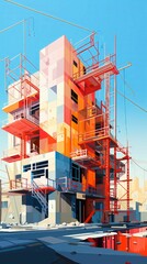 Artistic depiction of a construction site, surreal colors, emphasized structures, clear contrast , minimalist
