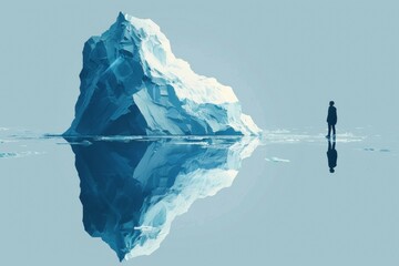 A man stands in front of a large iceberg block - obrazy, fototapety, plakaty