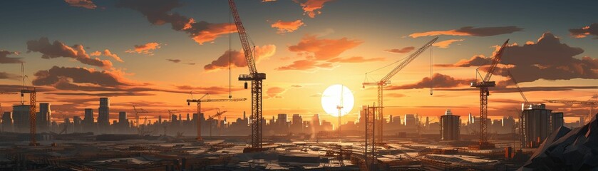 Construction site at sunset, intense orange sky, long shadows, end of day workflow , high detailed - obrazy, fototapety, plakaty