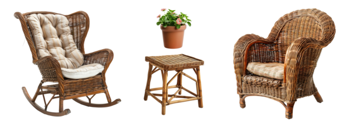 Set of wicker vintage furniture and plant on transparent background