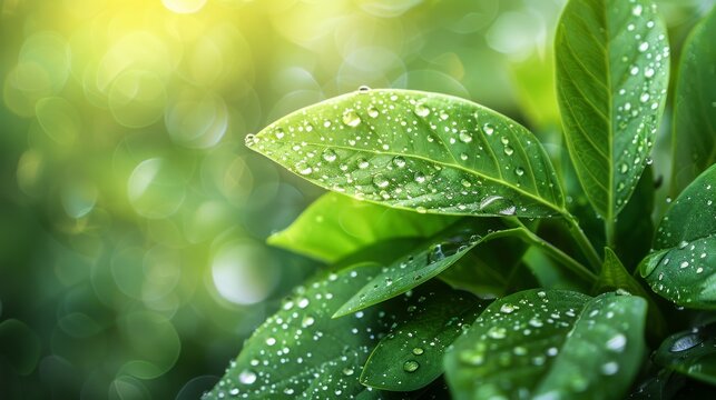 Sun-kissed dewdrops on fresh green leaves, symbolizing life and nature's vitality, concept of growth and serenity
