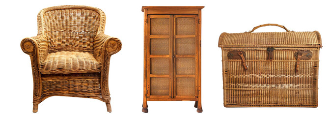 Set of wicker vintage furniture on transparent background