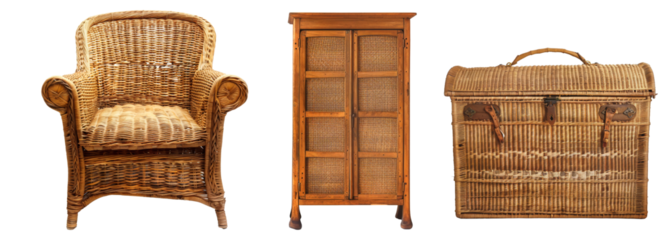 Set of wicker vintage furniture on transparent background