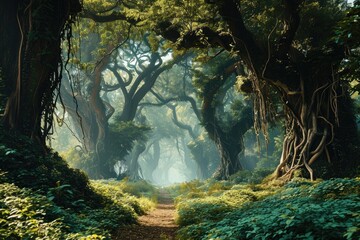 A beautiful fairytale enchanted forest with big trees and great vegetation, Magical fairytale...