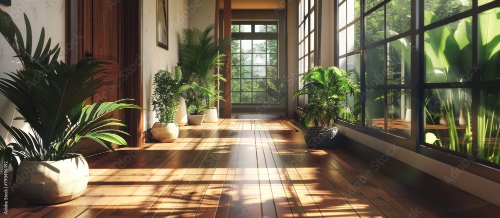 Poster inside view of a hallway displaying several potted plants placed neatly along a window, adding a tou