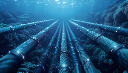 Undersea cables transmitting data across oceans, Visualize the vast network connecting continents