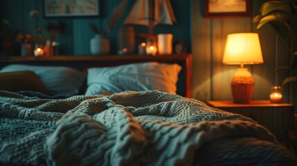 The comforting embrace of a soft, plush blanket on a cozy bed - obrazy, fototapety, plakaty