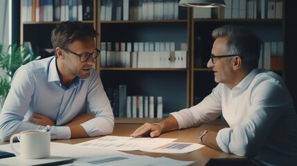 Fototapeta premium business man advising a man on his finances in an office, photorealistic
