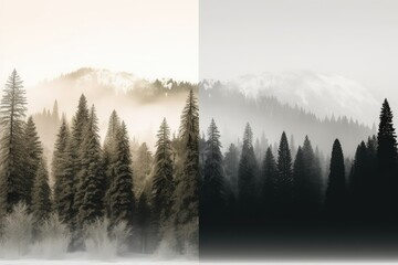 Two pictures showing trees surrounded by fog against the sky. Generative AI