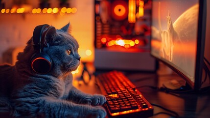 grey british shorthair cat with headphones sitting on the computer desk, playing video games, orange lights from monitor and keyboard