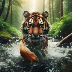 Tiger in river and playing with water.