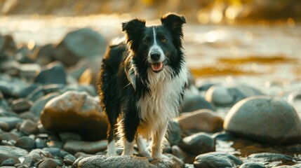 Dog standing rocky beach river