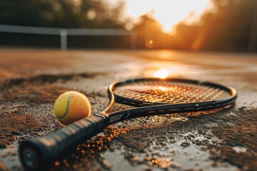 A close up of a tennis racket striking a ball,Tennis player hit shot tennis ball,  AI generated - obrazy, fototapety, plakaty