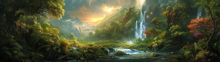 Illustrate a scenic depiction of the biblical utopia known as The Garden of Eden.