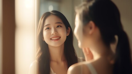 Fototapeta premium A young korean woman who smiling brightly after your skin has improved, Looking in the mirror