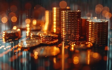 Graph and coins illustrate business growth, while soft lighting and deep colors create a vibrant...