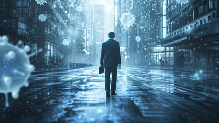 A lone businessman walks through a deserted, rainy city street with symbolic virus particles hovering, suggesting a pandemic setting.
 - obrazy, fototapety, plakaty